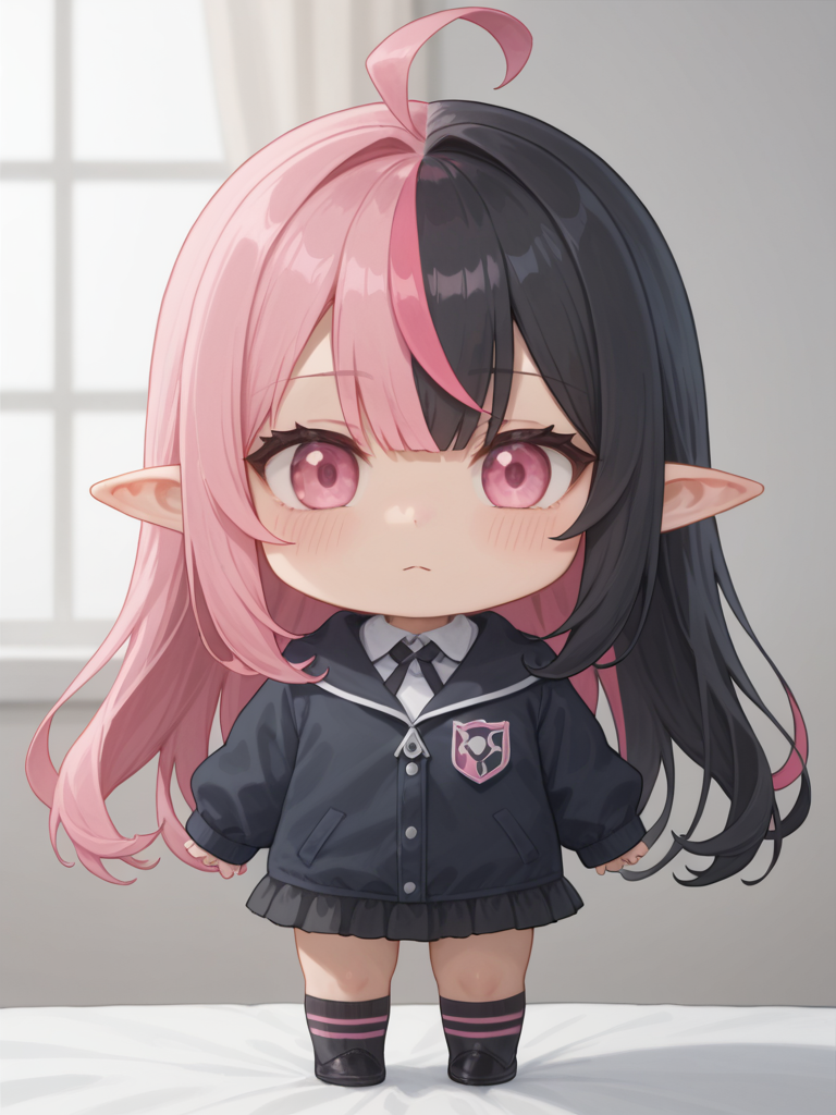 <lora:Draculaura1.0:1> draculaura, multicolored hair, pink hair, long hair, solo, black hair, streaked hair, two-tone hair, pink eyes, pointy ears, <lora:neuralsd3:1> sd, chibi