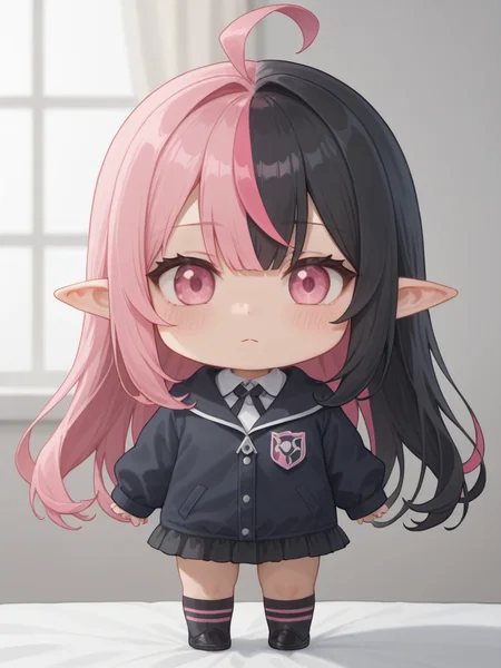 <lora:Draculaura1.0:1> draculaura, multicolored hair, pink hair, long hair, solo, black hair, streaked hair, two-tone hair, pink eyes, pointy ears, <lora:neuralsd3:1> sd, chibi