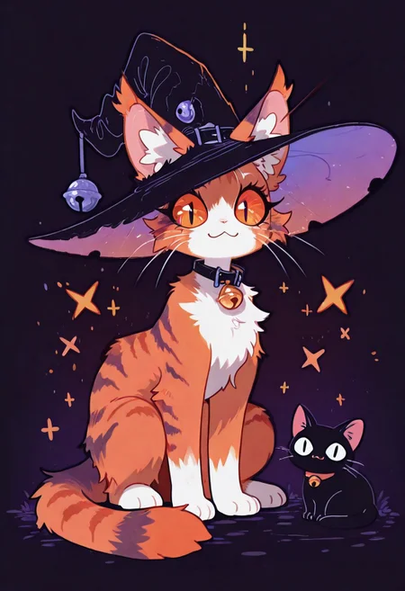 no human , cute , animal , ((solo)), :3 , <|> <|>, witch hat ,cat , full body , cat bell collar , multicolor fur , white fur , orange fur , ear tufts , slit eye , looking at viewer ,
masterpiece ,best quality ,amazing quality, Flatline, Flat vector illustration, rapscallionstyle ,