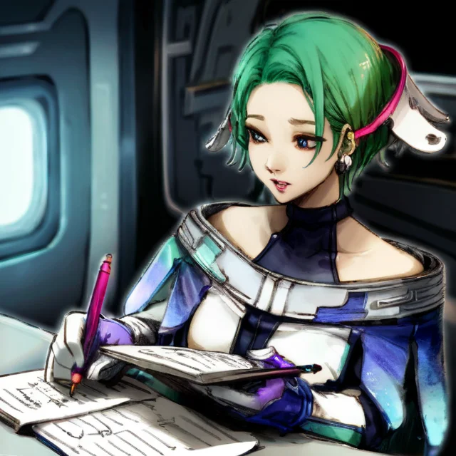 best quality, masterpiece, stella, short hair, green hair, jewelry, earrings, blue eyes, bare shoulders, gloves, space suit, collarbone, hair ornament, makeup, turtleneck, holding pen, writing notes, spaceship interior