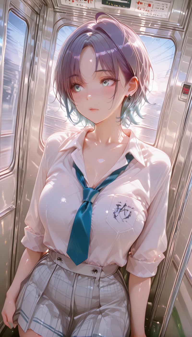 <lora:LCMTurboMix_Euler_A_fix:1> <lora:example_SDXL:0.3>, EZRealPONYXL, <lora:Dramatic Lighting Slider:3>  <lora:realistic filter [IL]:1>
DSLR,realistic,cosplay photo, (very awa,masterpiece,best quality,year 2024,newest,absurdres,highres:1), realistic,skin texture,facial features, photography shot with Canon EOS 5D Mark IV , realistic, RAW, best quality, masterpiece, amazing quality, skin details,
1girl, highly detailed beautiful face, large natural breasts,
detailed background, shiny skin, dutch angle, night, moonlight,
beautiful detailed eyes, intricate details, absurdres, anime screencap,
 <lora:AsakuraToru_IdolMaster_ILXL_kill0825:1>
IMAsakuraToru, 1girl, solo, breasts, blush, short hair, blue eyes, shirt, large breasts, skirt, holding, closed mouth, jewelry, medium breasts, standing, blue hair, school uniform, collarbone, white shirt, ahoge, purple hair, multicolored hair, cowboy shot, earrings, pleated skirt, necktie, collared shirt, miniskirt, nail polish, two-tone hair, aqua eyes, parted bangs, looking to the side, plaid, gradient hair, dutch angle, aqua hair, plaid skirt, grey skirt, blue nails, sleeves rolled up, blue necktie, pocket, shirt tucked in, breast pocket, aqua nails, train interior, open collar, loose necktie