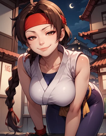 score_9, score_8_up, score_7_up,score_6_up, score_5_up, score_4_up , 1girl, solo,
large breasts,
ysakazaki,
brown hair, brown eyes,
dougi, spandex, headband, fingerless gloves, single braid,
looking at viewer,
half-closed eyes, smug,
from below,
leaning forward, hanging breasts,
city, night,
<lora:Ysakazaki KOF v01-000003:0.90>
