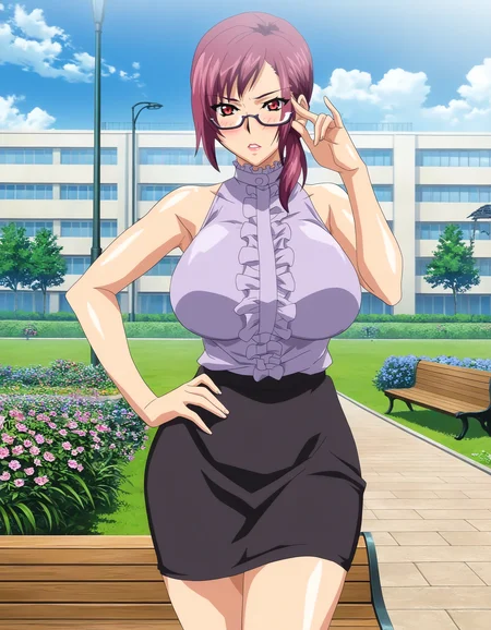 masterpiece, good quality, best quality, absurdres, highres, very awa, (anime screenshot:0.6), (game cg:0.5),
Yamazaki Suzuko, A girl is standing, hand on eyewear, cowboy shot, armpit, hand on own hip, armpits,
1girl, mature female,
looking at viewer, blush, parted lips, serious,
pink hair, red eyes, low ponytail, under-rim eyewear,
sleeveless blouse, center frills, pencil skirt,
large breasts, thighs,
outdoors, building, grass, garden, day, path, flower, bench, lamppost, blue sky
<lora:yamazaki suzuko 3216 NoobAIXL V-pred:1>