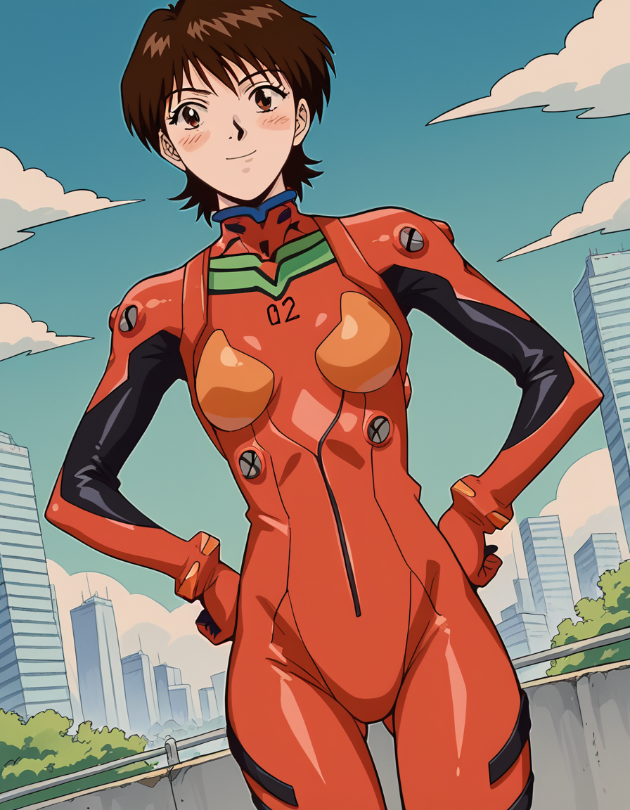 score_9, score_8_up, score_7_up, source_anime, <lora:azusa-fuyutsuki-anime-ponyxl-lora-nochekaiser:1> azusa fuyutsuki, short hair, brown hair, brown eyes, small breasts,, <lora:souryuu-asuka-langley-cosplay-ponyxl-lora-nochekaiser:1>, souryuuasukalangleycosplay, souryuu asuka langley (cosplay), bodysuit, pilot suit, plugsuit, red bodysuit, interface headset,, cityscape, smile, blush, hands on hips,, , cowboy shot, dutch angle