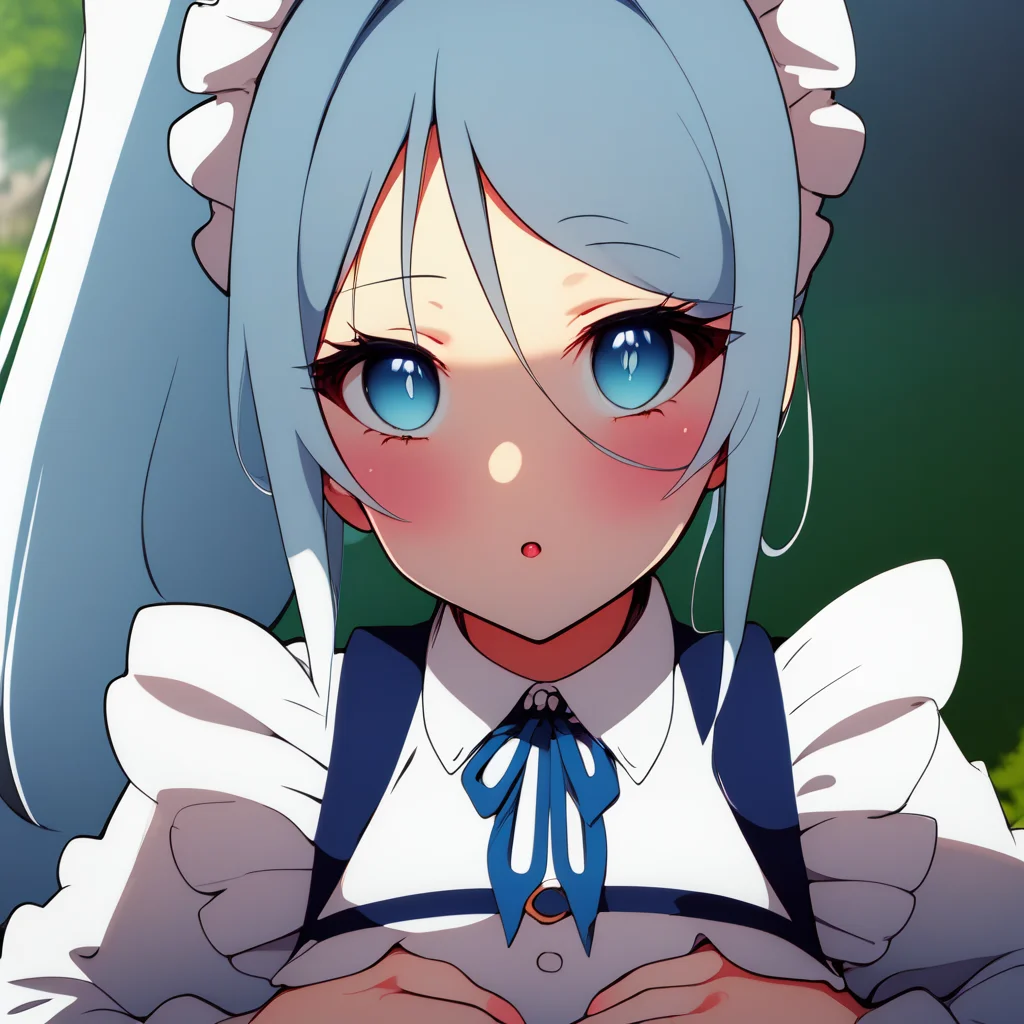 (score_9_up, score_8_up, score_7_up), (masterpiece, best quality, ultra detailed, intricate details, anime style, high resolution, smooth lines),  Sylpha, 1girl, blue eyes, light blue hair, hair between eyes, breasts, outdoors, looking at viewer, solo, apron, maid headdress, maid, ponytail,  long sleeves, frills, shirt, bangs, white shirt, maid apron, dress, white apron, ribbon, frilled apron, parted bangs, skirt