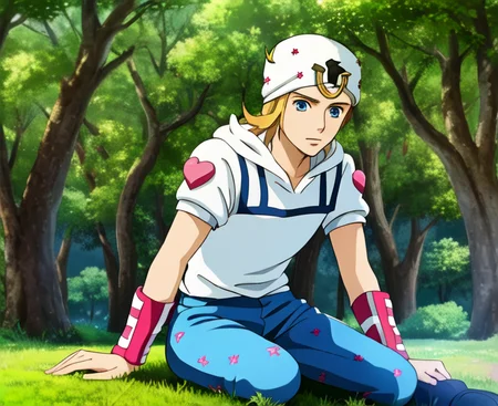 <lora:johnnyjojo:1.2>screenshot, ((johnnyjojo)), halfbody, hat, 1boy, blonde hair, blue eyes, lying on ground, masterpiece, best quality solo, 4k, 8k, pixiv art, male fucus, male, closed mouth, detailed face, hires, HQ, blue pants, best quality, masterpiece, intricate details, tonemapping, sharp focus, hyper detailed, mountains trees background, digital painting, anime Ghibli style <lora:studioGhibliStyle_offset:0.8>