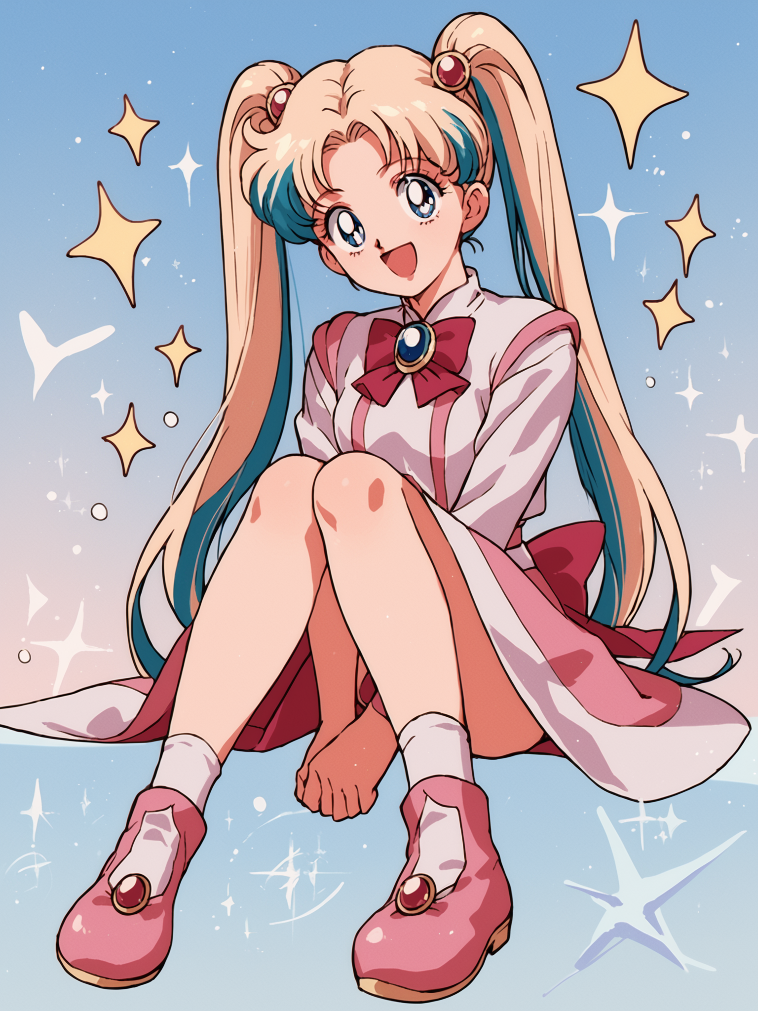 1990s (style), 1girl, :o, anime coloring, blue eyes, brooch, brown eyes, long hair, multicolored hair, open mouth, pink footwear, shoes, sitting, sm90s, smile, solo, sparkle, star brooch, twintails, BREAK PonyXLV6_Scores ,  <lora:SM90sPDXL_r1:0.8>