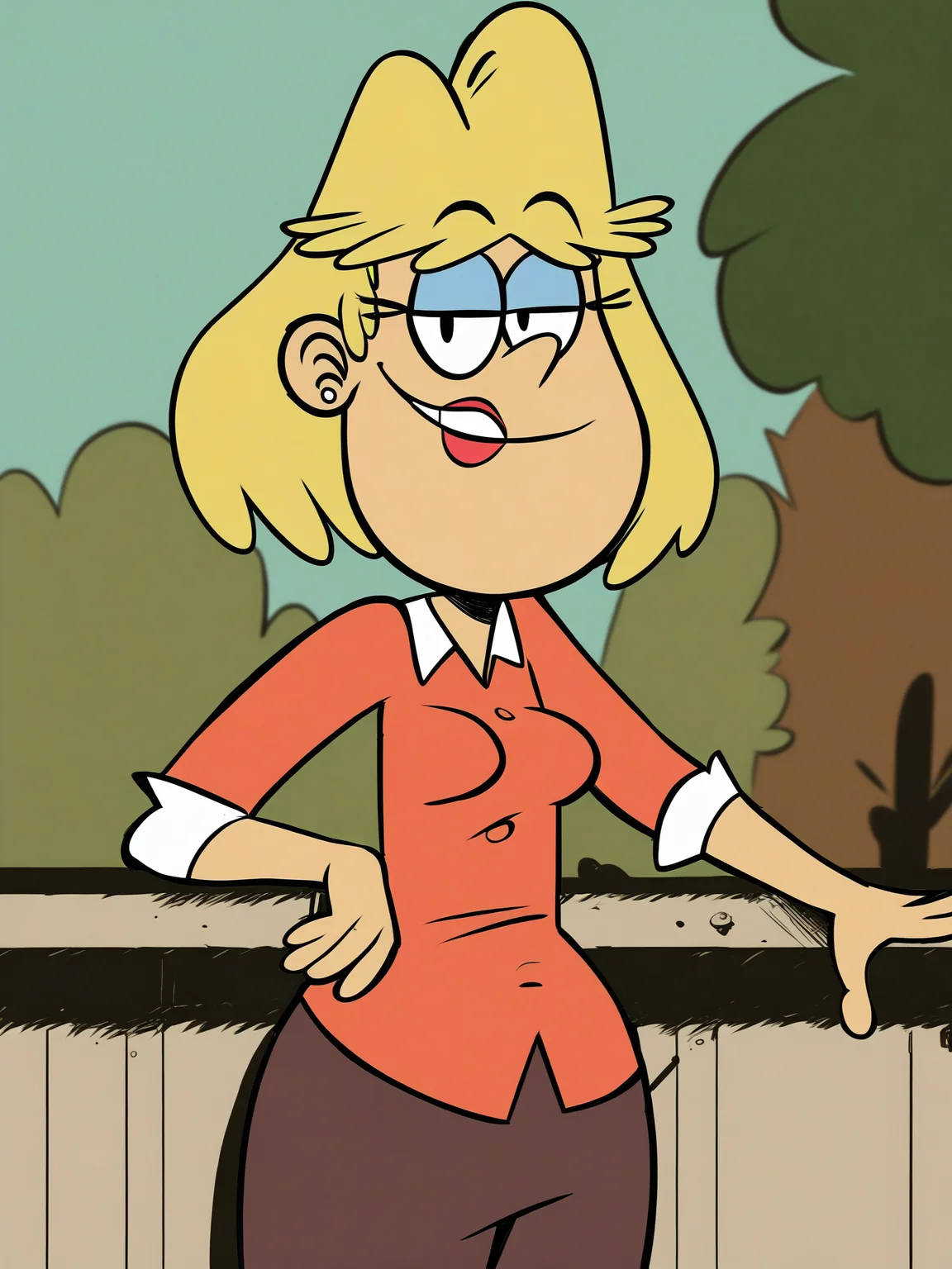 <lora:RitaLoudPony1.0:1> rita_loud, 1girl, solo, blonde hair, short hair, earrings, jewelry, rita loud, smile, lipstick, stud earrings, shirt, pants, outdoors, looking at viewer, score_9, score_8_up, score_7_up, score_6_up, score_5_up, score_4_up