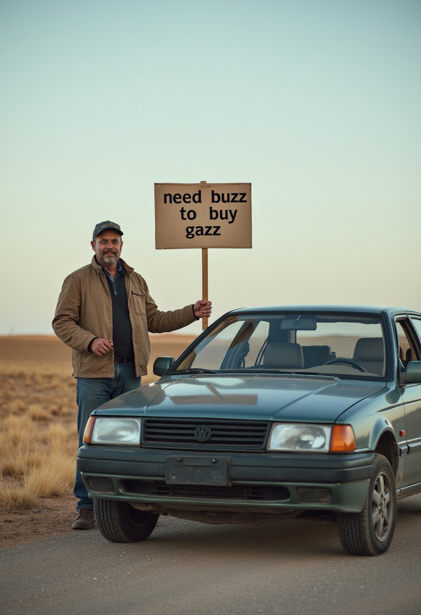 in middle of nowhere , a man standing next to his car holding sign that says " need buzz to buy gazz"