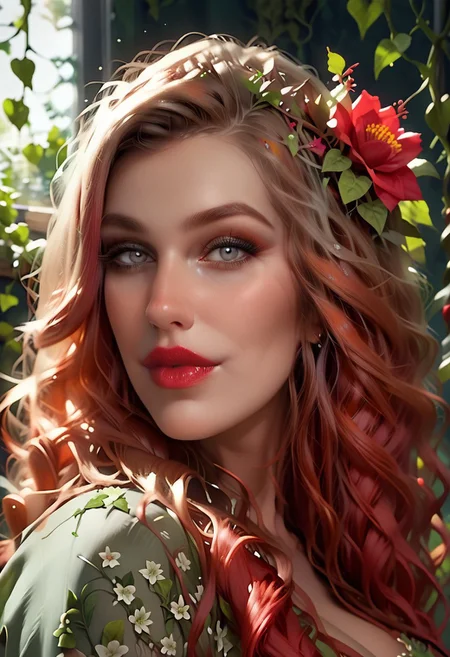 score_9, score_8_up, score_7_up, 1girl, milfpeaches, solo, night theme, perfect composition, depth background, flower meadow, dramatic lighting, moonlight, ((Batman, Poison Ivy):1.1), green skin, crimson hair, villainess, (seductive pose:1.69), menacing, MILF, looking at the viewer, athletic body, long hair, huge breasts, wide eyes, (rating, pg-13), (fully clothed, vines on clothing), view from behind, showing ass to viewer, thick ass, wide hips