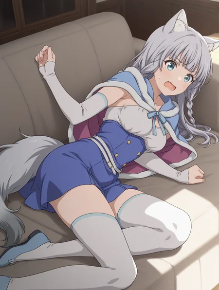 (blue capelet blue dress detached sleeves white thighhighs blue flats:1.50),
km-shigure, blue eyes, grey hair, bangs, long hair, wolf ears, wolf tail,
medium breasts, 1girl,
(masterpiece, highres, ultra-detailed,very aesthetic, best quality, absurdres, high quality, highres),
excited,
on side,
(:0.90),
BREAK,
indoors,
,
(solo:0:4::0.40), (skinny:0.8),
(),
<lora:km-shigure-V04-illXL-000003:0.80>