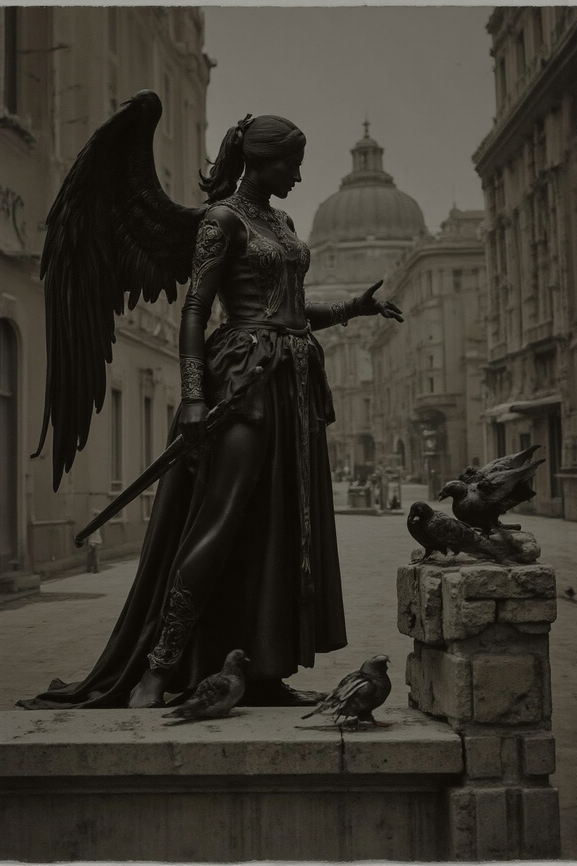 YFG-Sm0rg, Art par Alexey Egorov. Une illustration numérique sombre et de mauvaise humeur tire sous un angle bas sur une représentation stylisée d'une figure avec des ailes et une épée, entourée de pigeons, dans une toile de fond d'un paysage urbain brumeux avec de grands bâtiments et des dômes. Au centre de l'image, une grande figure ailée semble se tenir debout, ses ailes se propagent largement, face au spectateur. La silhouette porte une longue robe ornée avec des motifs complexes, et a une paire de pieds nus et une longue épée reposant sur ses genoux. À droite de la figure, plusieurs pigeons sont perchés sur un rebord de pierre, levant les yeux vers la silhouette. La scène se déroule dans un environnement sombre et brumeux, avec un paysage urbain lointain visible en arrière-plan.
