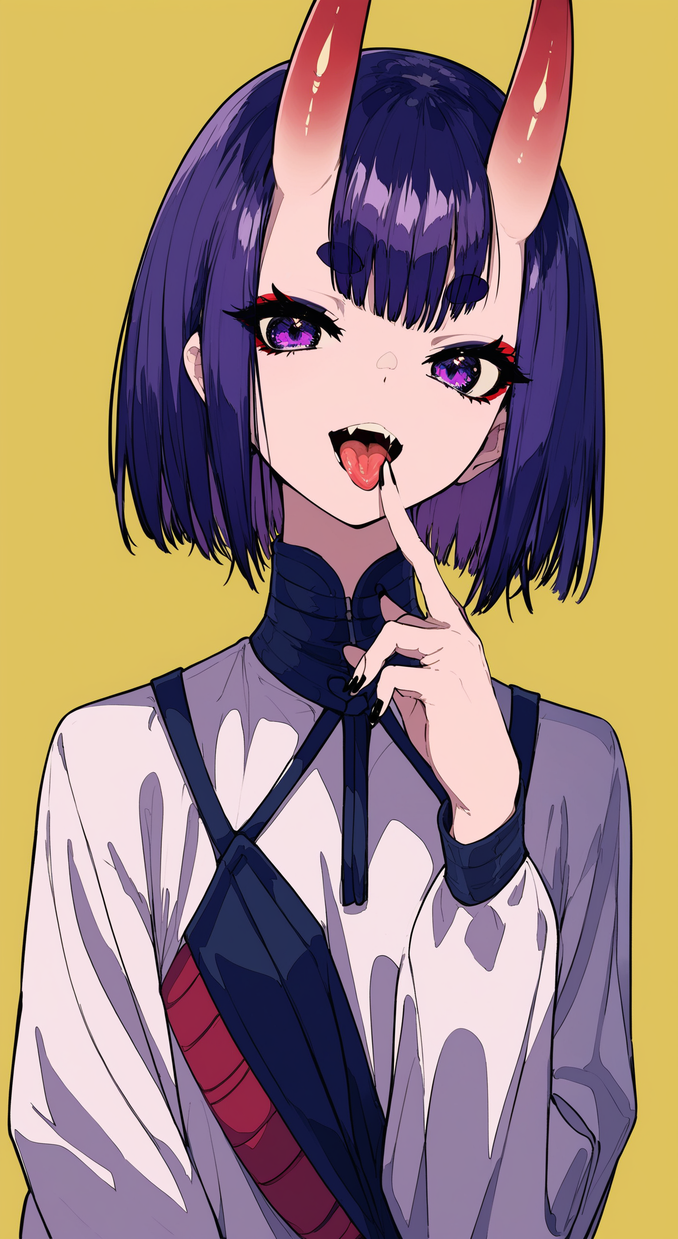 score_9,score_8_up,score_7_up,score_6_up,1girl,solo,tongue,shuten douji \(fate\),purple eyes,tongue out,bangs,looking at viewer,makeup,black nails,short hair,purple hair,fang,portrait,nail polish,bob cut,eyeliner,close-up,oni horns,yellow background,eyeshadow,eyelashes,short eyebrows,fingernails,blunt bangs,open mouth,finger to mouth,thick eyebrows,<lora:tpony-style-v4:0.8>,