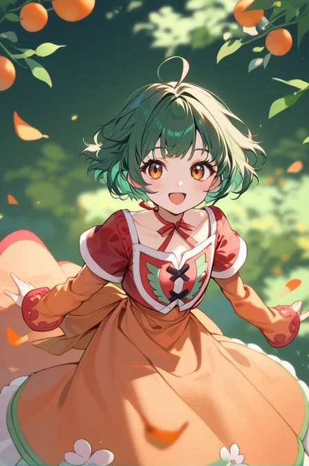 score_9, score_8_up, score_7_up, source_anime,
simple background, blurry background,
cowboy shot, upper body,
looking at viewer, open smile, blush,
<lora:farah_autismConfetti_v02:1>white footwear, white shoes, pink legwear, farahBase, ahoge, green hair, short hair, brown hair, long dress, orange dress, multi colored dress, orange long sleeves, (wide sleeves:0.6), neck ribbon, waist ribbon, red short sleeves camisole, short bangs,, zPDXL