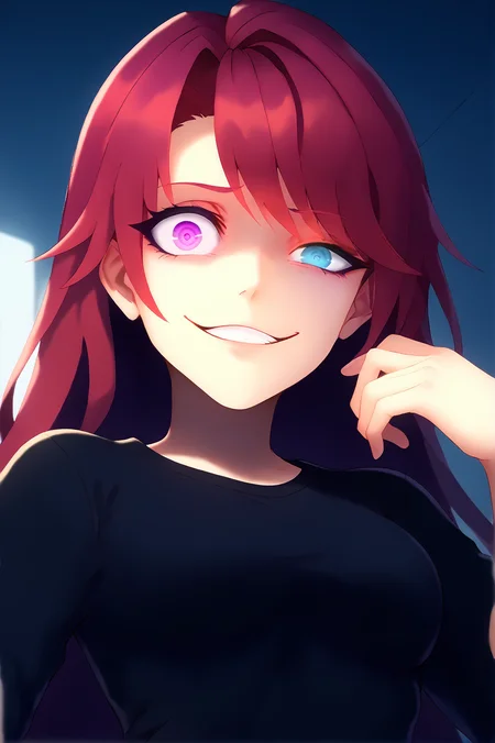 score_9,
<lora:uneven_eyes_v1_pruned:1>, (uneven eyes:1.1),
<lora:gesugao_v1_pruned:1>, gesugao, looking at viewer, parted lips, smile, black shirt,
from below,
red hair, long hair, heterochromia, purple eyes, blue eyes,
high resolution, Masterpiece