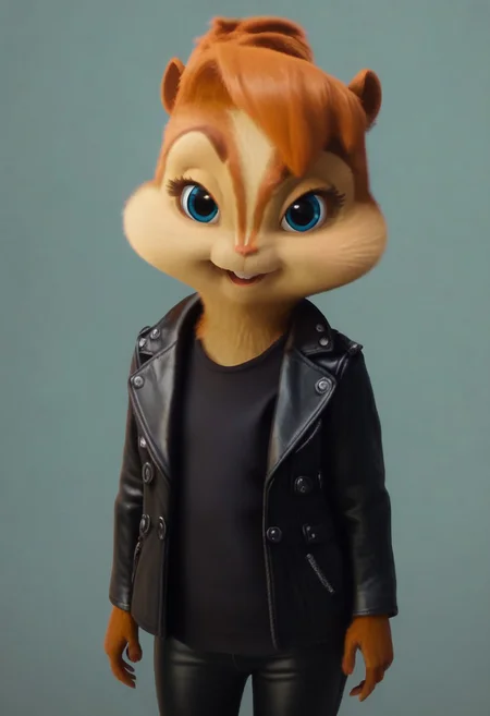 score_9, score_8_up, score_7, score_6, spooky forest, brittany miller, chipmunk, furry, short ears, black shirt, black leather coat, black leather pants, looking at viewer, 6 inches tall