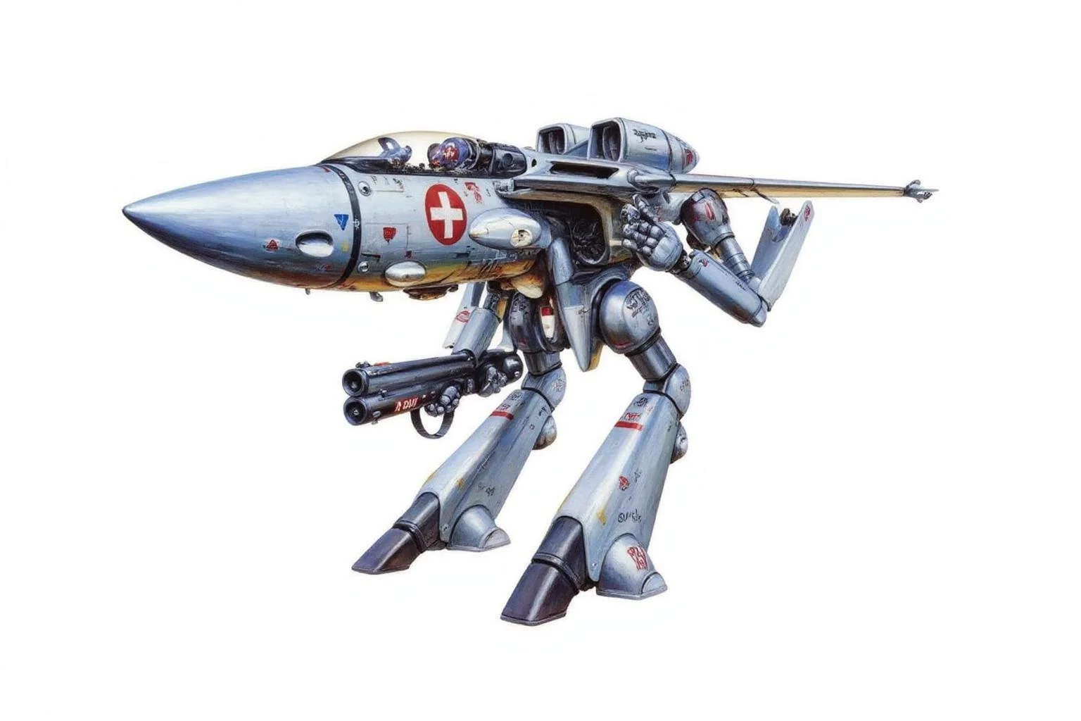 m9cha illustration.
A futuristic, high-tech hybrid fighter jet hovercraft, styled in a manner reminiscent of mecha from anime and manga. The vehicle is predominantly silver with a metallic sheen, featuring a sleek, aerodynamic design. The body resembles a jet, but the lower body has two legs. The robot also has two arms. It holds a rifle with the word "UN Spacy" written on it. <lora:macmecha1_cap_d6a3e11:1.0><lora:820698697848399720:0>