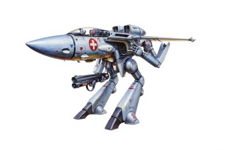 m9cha illustration.
A futuristic, high-tech hybrid fighter jet hovercraft, styled in a manner reminiscent of mecha from anime and manga. The vehicle is predominantly silver with a metallic sheen, featuring a sleek, aerodynamic design. The body resembles a jet, but the lower body has two legs. The robot also has two arms. It holds a rifle with the word "UN Spacy" written on it. <lora:macmecha1_cap_d6a3e11:1.0><lora:820698697848399720:0>