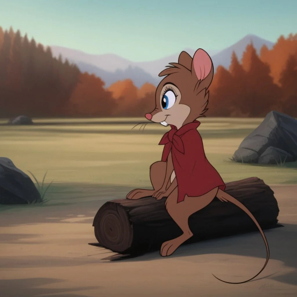 score_9, score_8_up, score_7_up, score_6_up, score_5_up, score_4_up, source_furry, brisbytson, semi-anthro, female, mouse, brown fur, blue eyes, whiskers, red cloak, sitting, outside, on a log, smile, in the woods, day time,