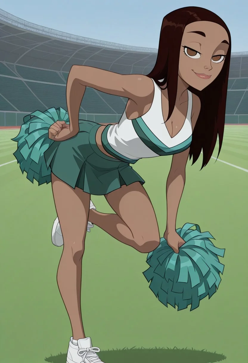 football field background, outside, day, day time, 2d, 1girl, solo,
Liz_Allen, dark skin, dark-skinned female, ebony, ebony female, brown eyes, brown hair, long hair, lips, sleeveless, white shirt, green stripes, green skirt, cheerleader outfit, white sneakers
Upper body, looking at viewer, smug expression, Cleavage, holding pom poms, bare legs, cheerleader pose, leg up, hand on hip, bent over, smirk,