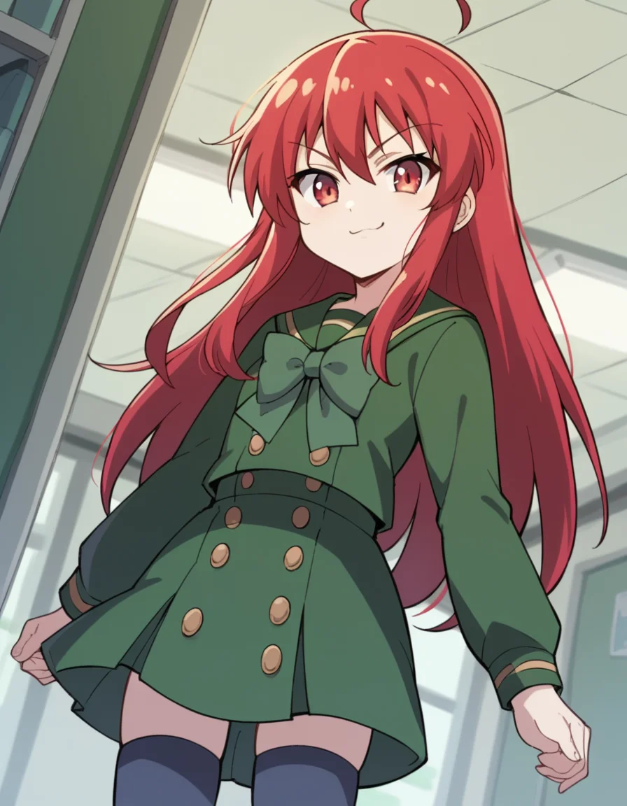 score_9, score_8_up, score_7_up, source_anime, <lora:shakugan-no-shana-s3-ponyxl-lora-nochekaiser:1>, shana, long hair, red hair, red eyes, ahoge, sidelocks,, school uniform, serafuku, green serafuku, bowtie, green bowtie, green shirt, green sailor collar, long sleeves, green skirt, buttons, thighhighs,, apartment, building, rooms, residents, balconies, , smug, looking at viewer, solo,, dutch angle, cowboy shot