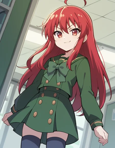 score_9, score_8_up, score_7_up, source_anime, <lora:shakugan-no-shana-s3-ponyxl-lora-nochekaiser:1>, shana, long hair, red hair, red eyes, ahoge, sidelocks,, school uniform, serafuku, green serafuku, bowtie, green bowtie, green shirt, green sailor collar, long sleeves, green skirt, buttons, thighhighs,, apartment, building, rooms, residents, balconies, , smug, looking at viewer, solo,, dutch angle, cowboy shot