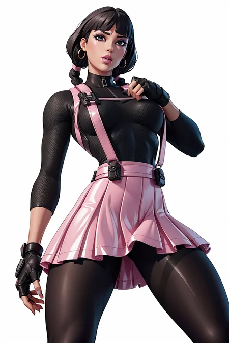 <lora:VRAMsChicPink:0.5> vramschic, 1girl, bangs, bodysuit, pink skirt, blunt bangs, twin braids, black hair, photoshoot, makeup, white background, simple background, fingerless gloves, suspenders, pantyhose, pouch, knee, from below, dominating