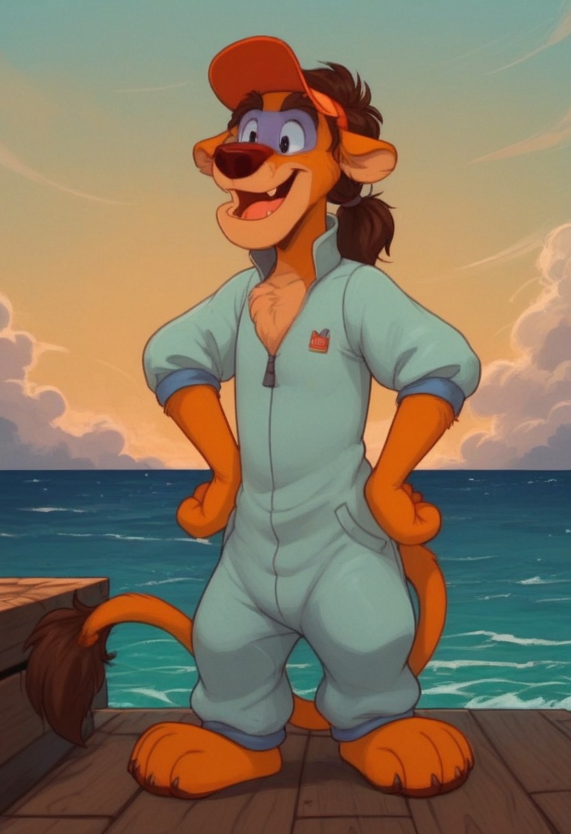 score_7, score_8, score_9, dynamic lighting, detailed background, background is ship dock, dock, (stacked crates), ((ocean)), boats, mountains in distance, ((outdoors)), clouds, sunny, (close up), cowboy shot,
BREAK 
Solo, 1boy, ((anthropomorphic)), furry male, Wildcat, yellow fur, two tone fur, brown hair, hair in ponytail, animal nose, black eyes, slender, animal ears, yellow ears, (yellow tail), feet claws, snaggle tooth, ((light blue around eyes)), fluffy fur, fluffy eyebrows, (fang), chest fur tuft,
BREAK 
standing, eyes closed, ((laughing)), jumpsuit, hat, hands on hips,