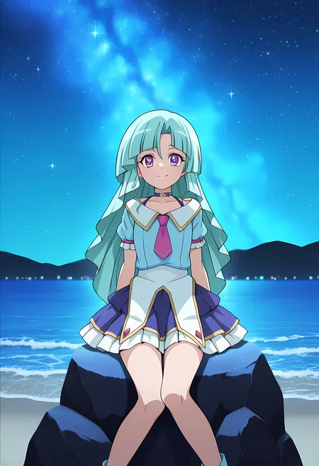 masterpiece,best quality,amazing quality,
solo,
Saya Yatomi (Cardfight Vanguard), long hair, aqua hair, purple eyes,
choker, jewelry, necktie, short sleeves, idol, idol outfit, skirt,
looking at viewer, smile,
lying, Leaning back on rock,
cinematic,
bloom, night, at beach, starry sky, galaxy sky, glowing blue ocean waves, blue light, detailed shadow,
Official style, anime screencap, anime coloring,