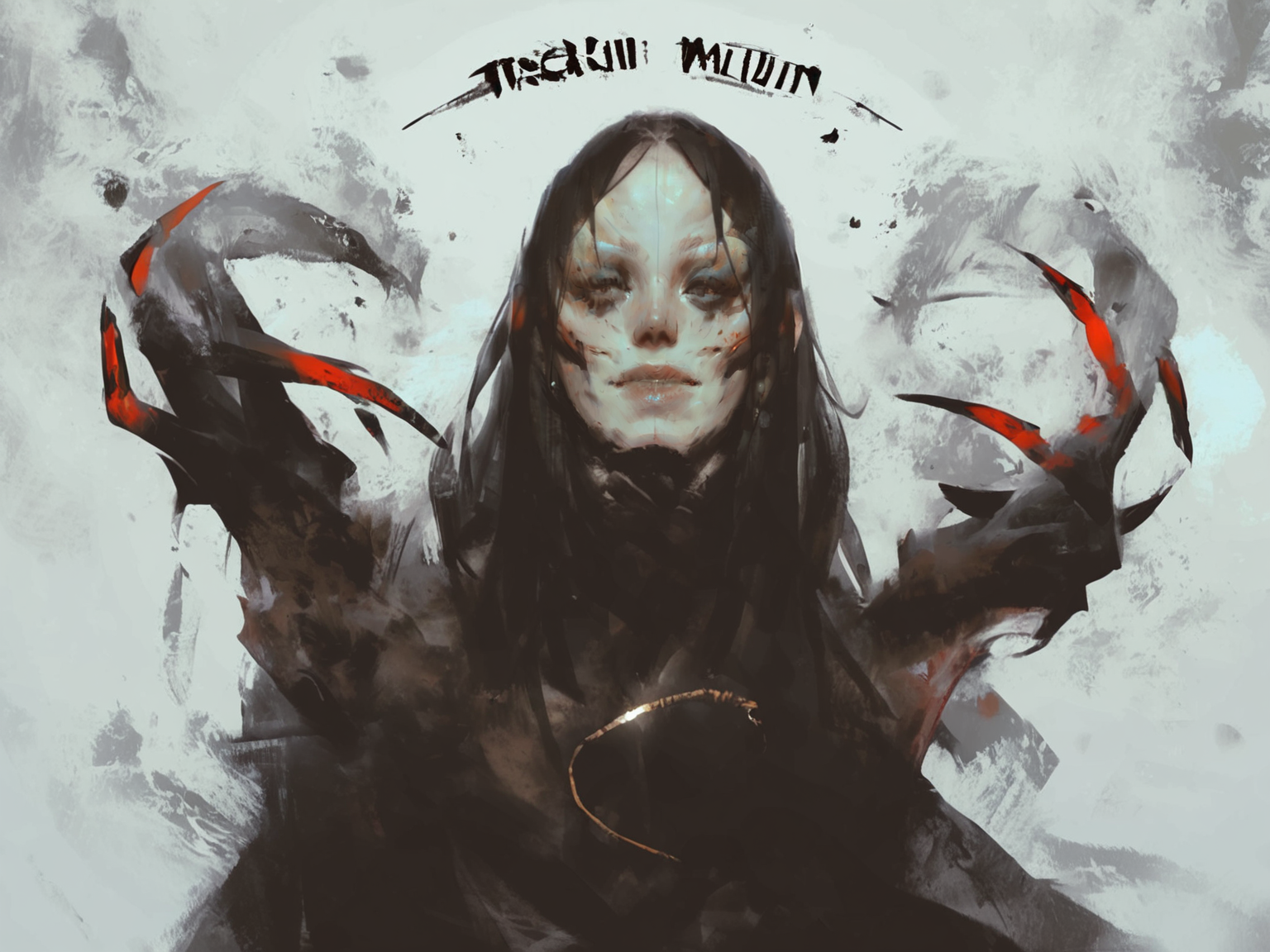 1boy artist_name black_background black_hair claws english_text horror_(theme) long_hair looking_at_viewer male_focus monster primarch raven_guard simple_background solo white_background, <lora:VladimirMatyukhinV8:1>, score_8_up, score_7_up