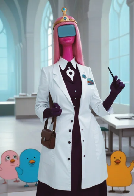 score_9, score_8_and_up, clockwork disco, b0bbl3g0m, weird illustration, fairy woman, sexy tall nerd girl, long hair, slutty cleavage princess, slave crown, sexy pink monstergirl, hourglass figure, long neck, thicc thighs, lab coat, large bubblegum breasts, gumballs, anthropomorphic ducks