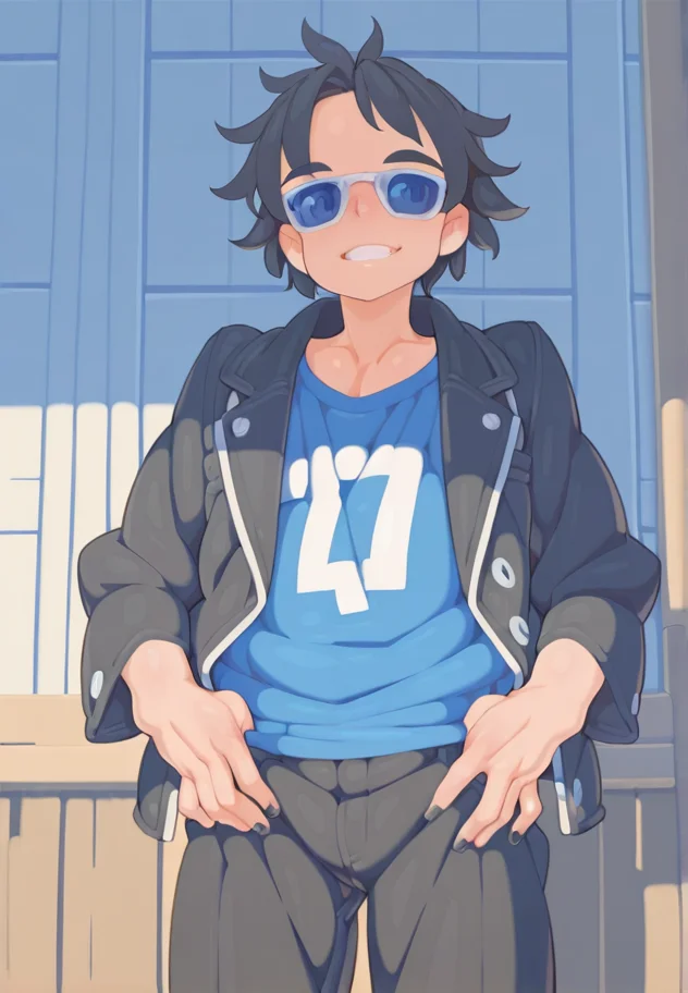 tenako, 1boy, male focus, sunglasses, jacket, black hair, smile, solo, shirt, grin, open jacket, pants, black nails, cowboy shot,
<lora:Tenako_Style:1>, masterpiece, best quality, amazing quality, very aesthetic, absurdres,  newest,