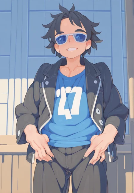 tenako, 1boy, male focus, sunglasses, jacket, black hair, smile, solo, shirt, grin, open jacket, pants, black nails, cowboy shot,
<lora:Tenako_Style:1>, masterpiece, best quality, amazing quality, very aesthetic, absurdres, newest,