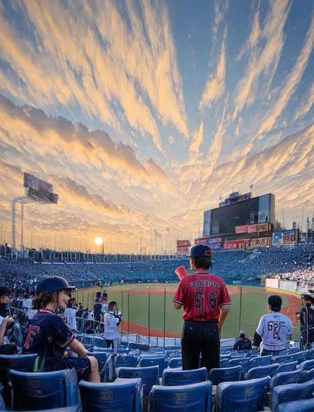 (1girl:1.5), (general:1.3), (detailed background:1.5), baseball jersey, (white jersey, red pinstripe pattern:1.1), dark blue baseball cap, dark blue undershirt, holding megaphone, happy, evening, (smile:1.4), sparkle, cowboy shot, crowd BREAK
<lora:jingu_stadium:1> jingu stadium, outfield seats, stands, baseballfield, scenery, outdoors, audience, crowd, people, multiple boys, multiple girls, day, sunset, night, cloud, cloudy sky, sky, building, city, cityscape, skyscraper, sign, sun, blue sky, seats, backstand, electronic display board, BREAK
dramatic shadows, cinematic lighting, (photo background:1.1), (8K resolution:1.2), (masterpiece:1.2), best quality, amazing quality, very aesthetic, absurdres, newest, (ultra detailed:1.3), (uhd:1.1), <lora:cfg_scale_boost:0.7> <lora:Smooth_Booster_v2:0.5> <lora:StS-Illustrious-Detail-Slider-v1.0:3.0> BREAK