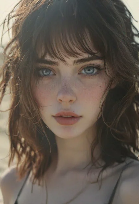 1girl, caucasian, grunge, alternative, aesthetic, goth, TILF, young, slim, brunette, pale skin, freckles, shy, blushing, detailed skin, moles, small nose, long messy bobcut, big eyes, blue eyes, long lashes, full lips, cute, adorable, beautiful, innocent, adorable, medium breasts, narrow waist, natural breasts, sagging breasts, breasts, large areolae, ghost nipples, wide hips, posing, detailed face, extremely detailed, film grain, photorealistic, professional photo, sharp focus on subject, masterpiece, Instagram model, volumetric light, sunlight, dust particles, backlit glow, half side view, sunrise, on the beach, bloom, editorial Photography, shot on Pentax Asahi Spotmatic SLR Camera, Kodak Porta, retrobigguns