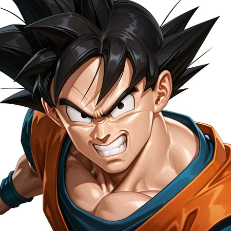 FutureFightStyle, ((semi realistic)), score_9, score_8_up, score_7_up, 8k, absurd res, masterpiece, best quality, gokuill, solo, 1boy, looking at viewer, headshot, anime, angry, teeth, cartoon, white background, narrowed eyebrows, orange dougi, happy, <lora:gokuill:0.8>