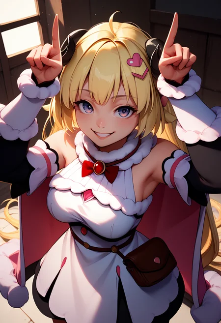 score_9, score_8_up, score_7_up, index fingers raised, arms up, <lora:HornsPose_pdxl_Incrs_v1:1>, <lora:ChamTsunomakiWatamePonyXL:1>, WatameBase, very long hair, ahoge, hairclip, fur-trimmed dress, short dress, red bowtie, detached sleeves, pouch, fur-trimmed cape, pink cape, cowboy shot, seductive smile, from above, indoors, looking at viewer, looking up,