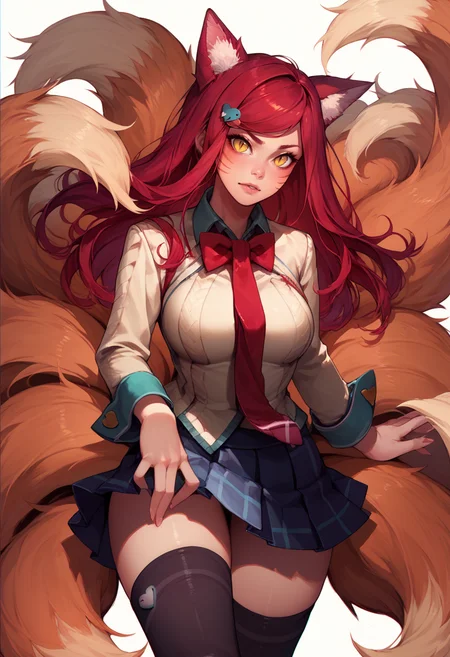 score_9, score_8_up, score_7_up, Ahriacademy, slit pupils, animal ears, fox tail, multiple tails, facial mark, long hair, red hair, yellow eyes, large breasts, hairclip, heart hair ornament, school uniform, bow, bowtie, necktie, skirt, black thighhighs, <lora:Ahri_Academy_pdxl_Incrs_v1:1>