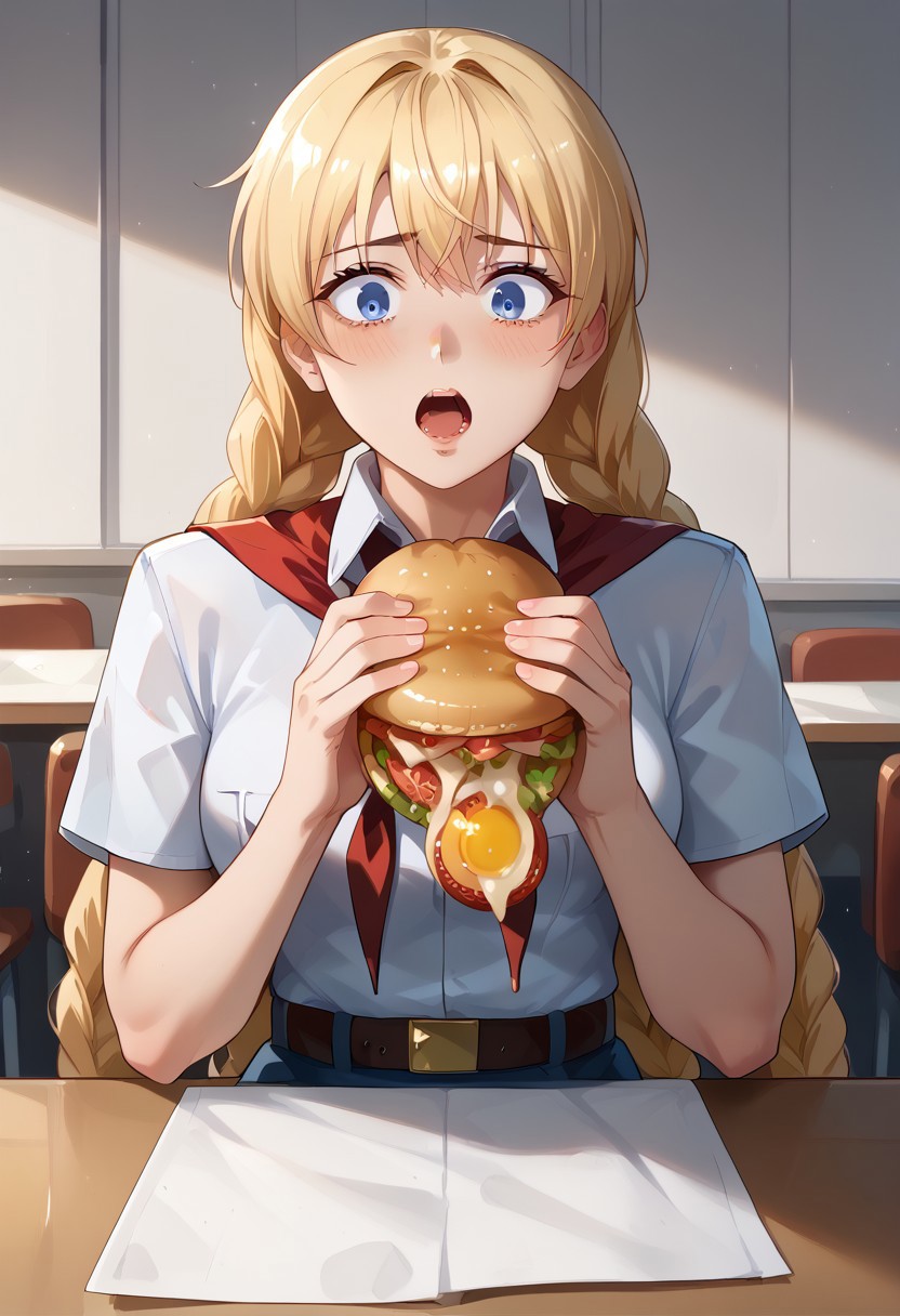 score_9, score_8_up, score_7_up, score_6_up, score_5_up, score_4_up, detailed eyes, detailed skin, source_anime, source_anime, masterpeice, best quality, very aesthetic, absurdres, BREAK
<lora:Expressive_H:1>,<lora:Everlasting_Summer_Slavya_by_GraffMetal:0.8>, slavya, blonde hair, very long hair, long hair, twin braids, blue eyes, 1girl, medium breasts, shiny skin, BREAK, white collared shirt, short sleeves, red neckerchief, neckerchief, belt, blue skirt, BREAK, inside, cafeteria, table, chair, 
<lora:Everlasting_Summer_Vanilla_Backgrounds_by_GraffMetal:0.7>, <lora:Everlasting_Summer_Vanilla_Art_Style_by_GraffMetal:0.7>, BREAK, sitting, burger, eating burger, burger malfunction, shocked,