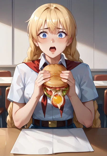 score_9, score_8_up, score_7_up, score_6_up, score_5_up, score_4_up, detailed eyes, detailed skin, source_anime, source_anime, masterpeice, best quality, very aesthetic, absurdres, BREAK
<lora:Expressive_H:1>,<lora:Everlasting_Summer_Slavya_by_GraffMetal:0.8>, slavya, blonde hair, very long hair, long hair, twin braids, blue eyes, 1girl, medium breasts, shiny skin, BREAK, white collared shirt, short sleeves, red neckerchief, neckerchief, belt, blue skirt, BREAK, inside, cafeteria, table, chair,
<lora:Everlasting_Summer_Vanilla_Backgrounds_by_GraffMetal:0.7>, <lora:Everlasting_Summer_Vanilla_Art_Style_by_GraffMetal:0.7>, BREAK, sitting, burger, eating burger, burger malfunction, shocked,