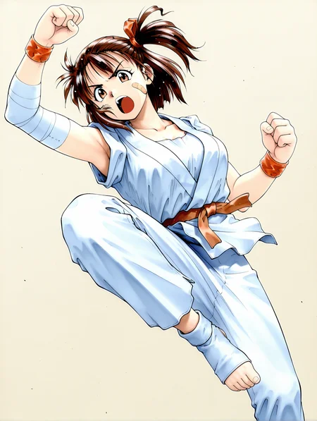 masterpiece,best quality,newest,1girl,solo,
<lora:i_ryouko_ilxl_v1.2:1>,
ryouko,brown hair,Side ponytail,ribbon,r_clothes,bandaid on face,bandaged arm,r_sneakers,toeless legwear,raised fist,arm up,<lora:Fixhands_anime_bdsqlsz_V1:1>,dynamic_angle,cinematic_angle,looking_at_viewer,simple_background,white_background,face_focus,(attack,(side kicking),standing on one leg,),open mouth,knee kick,
