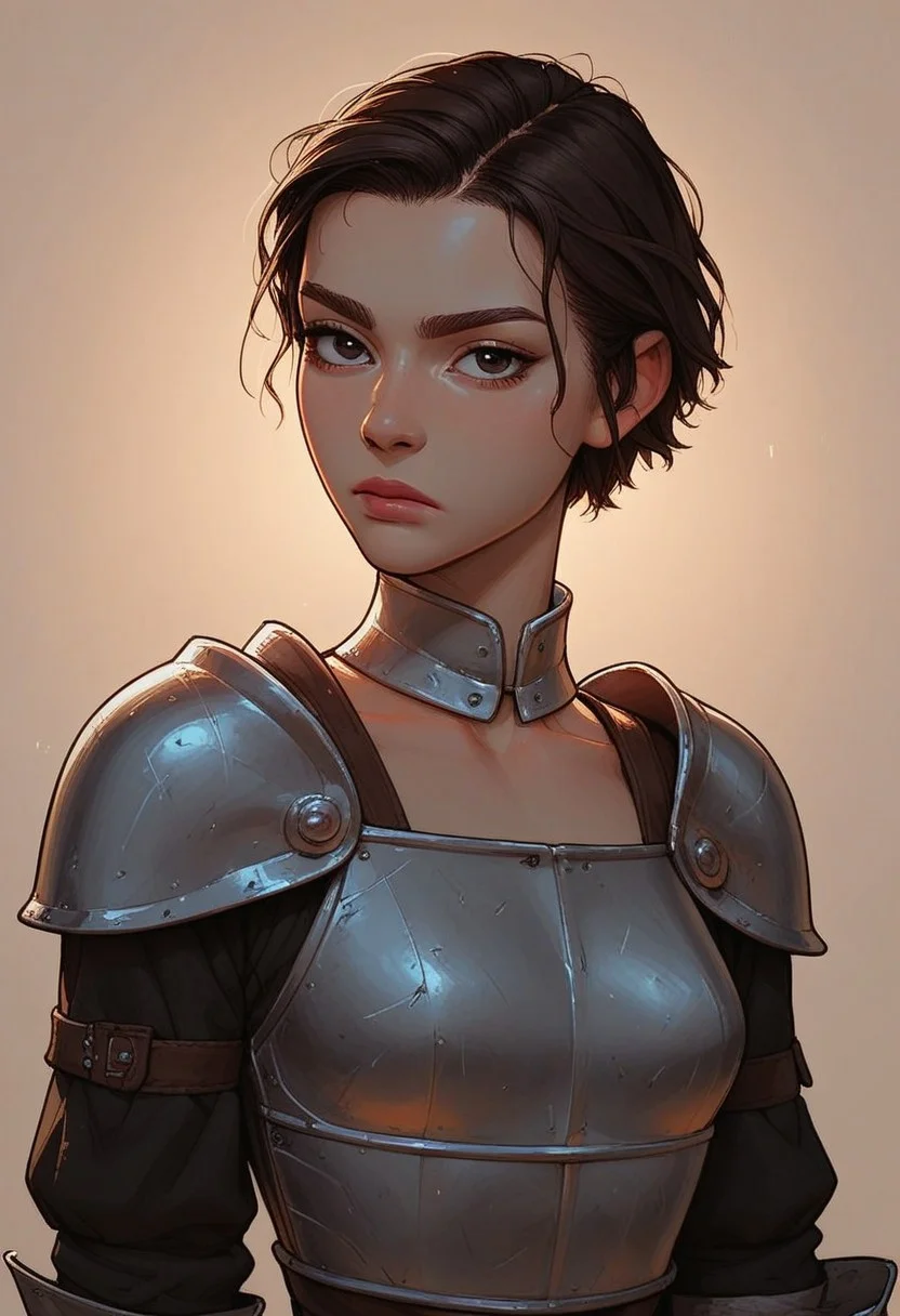 (score_9, score_8_up, score_7_up). ( line work, excellent drawing, highest quality, extremely detailed:1.2). 1girl, Joan of Arc, 24 year old, adult face, perfect face, medieval french girl, short hair, dark hair, dark eyes, solid black eyes, dark lashes, shiny look, petite, nymph, Knight, armor, breastplate, gorget, athletic, slender waist, confident, serious, 3/4 view, cowboy shot, g0thicPXL, romantic, cinematic lighting, volumetric lighting, source_cartoon, source_anime