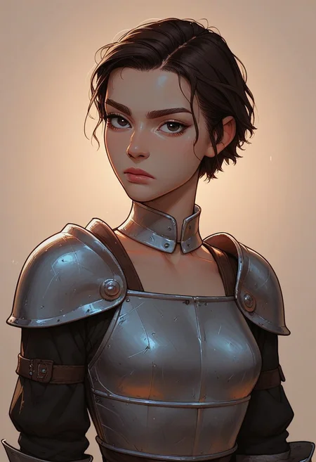 (score_9, score_8_up, score_7_up). ( line work, excellent drawing, highest quality, extremely detailed:1.2). 1girl, Joan of Arc, 24 year old, adult face, perfect face, medieval french girl, short hair, dark hair, dark eyes, solid black eyes, dark lashes, shiny look, petite, nymph, Knight, armor, breastplate, gorget, athletic, slender waist, confident, serious, 3/4 view, cowboy shot, g0thicPXL, romantic, cinematic lighting, volumetric lighting, source_cartoon, source_anime