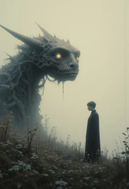 An enigmatic composition bathed in soft, diffused light, blending whispers of surrealism and melancholia. The scene unfolds in a cinematic atmosphere where subtle textures and delicate grains add depth, while the interplay of light and shadow enhances the quiet intensity of the moment. A subdued color palette merges with ethereal haze, evoking a dreamlike quality and timeless stillness. The central subject –A foggy landscape with a human-like figure facing a towering mechanical construct. The robot has glowing circular eyes, a rectangular head, and is entangled in a network of exposed wires, giving an impression of age and abandonment.A foggy landscape with a human-like figure facing a towering mechanical construct. The robot has glowing circular eyes, a rectangular head, and is entangled in a network of exposed wires, giving an impression of age and abandonment.– is delicately framed, their presence balanced between mystery and intimacy. Surrounding elements, rich in symbolic undertones, anchor the narrative in an otherworldly context. Organic details like softly swaying flora or faintly glowing surfaces contrast with stark, haunting figures, creating a juxtaposition that is both poignant and surreal. The composition invites introspection, with negative space amplifying the mood's resonance. Every detail, from the atmospheric depth to the muted highlights, serves to craft an image that feels suspended in an emotional, poetic realm, steeped in quiet nostalgia.
surreal style