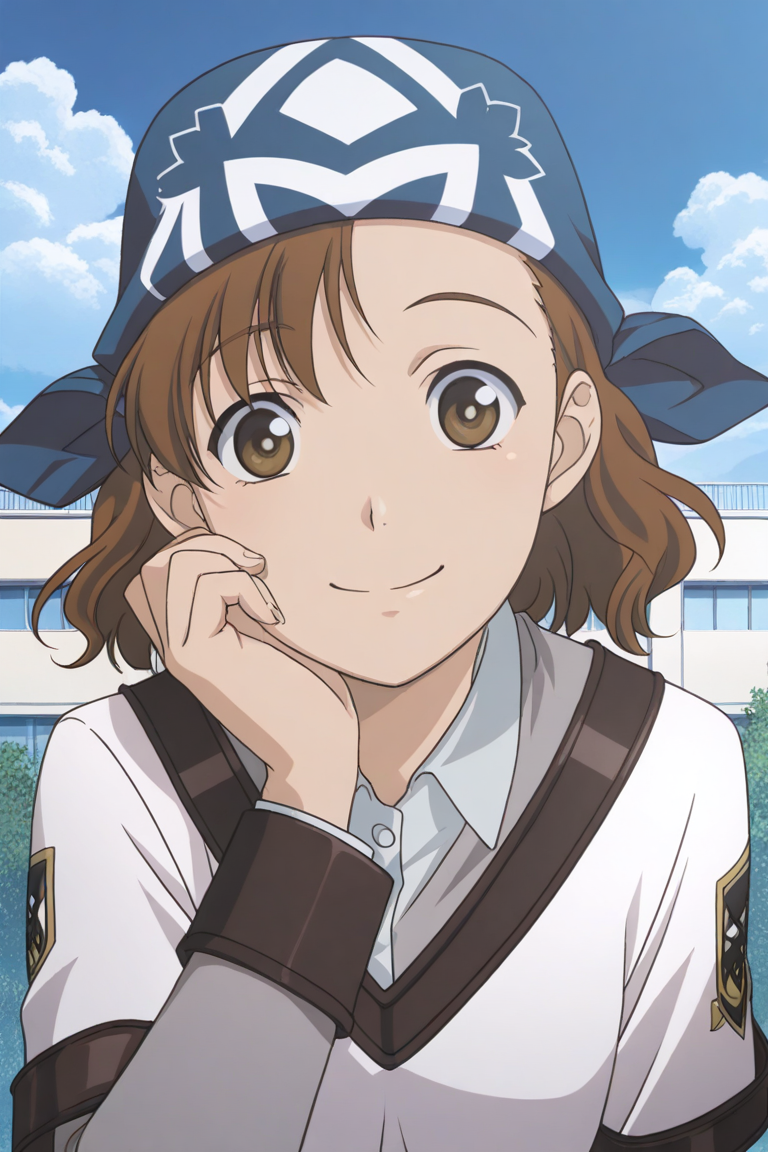 masterpiece, best quality, source_anime,official art,perfect_anatomy,1girl,Seika_Mori,bandana,blue_headwear,brown_eyes,brown_hair,school_uniform,(beautiful detailed face,looking_at_viewer,smile),upper_body,day,blue_sky,cloud