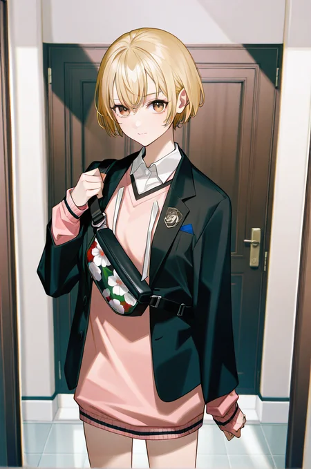 artist:gomzi,artist:wanke,artist:diyokama, rei_(sanbonzakura),[[artist:fuzichoco]],year 2023, 
school hall, solo, 
miyasako kiriko, brown eyes, blonde hair, short hair, bob cut,
white shirt, pink sweater, black blazer, medal, print bag, floral print , fanny bag,
 <lora:tce2_majorcharacters.ilxl:1.0>