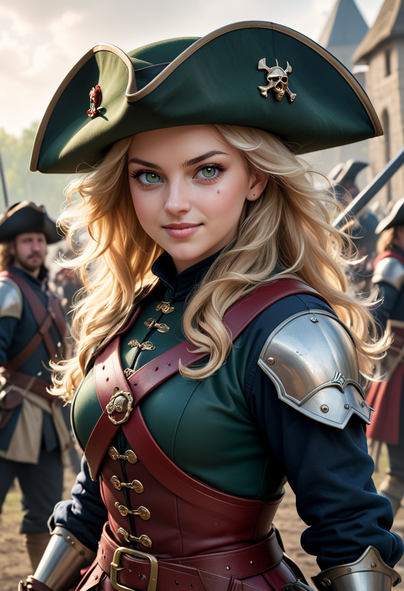 (medium full shot) of (dashing musketeer) young woman, Medium build, medium blonde hair, german, tan skin, dark green eyes, wearing a musketeer hat, red musketeer's tabard, leather boots, ornate buckle, wielding a musket, set in  an intense battlefield, with clashing swords, war cries, strategic formations, wounded soldiers, and chaotic scenes, during sunset, woman smiling, detailed face, ,Masterpiece,best quality, photo, realistic, very aesthetic