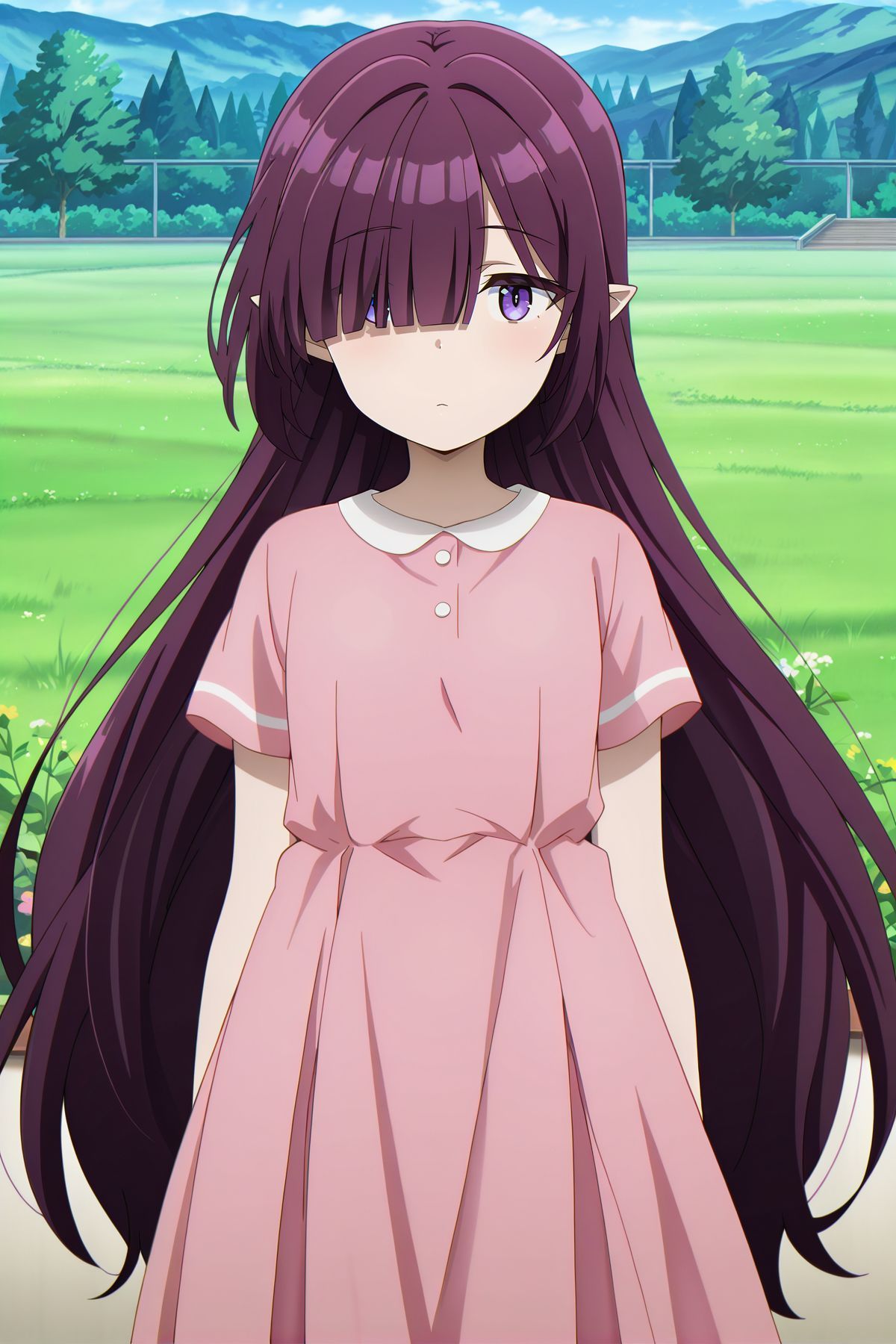 absurdres, highres, masterpiece, best quality, amazing quality, official anime artwork, screencap, anime screencap, outdoors, looking at viewer, day, 
<lora:Eta_Illustrious:1> Eta, 1girl, solo, purple eyes, purple hair, very long hair, hair over one eye, pointy ears, aged down, small breasts,, pink dress, short sleeves,