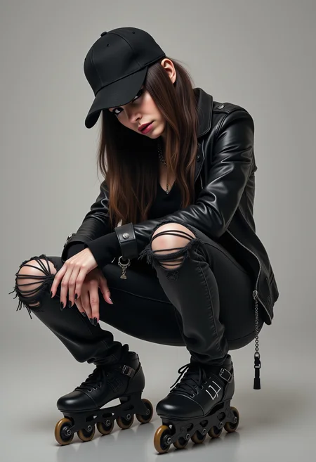 cute goth woman with inline skates, black backwards cap on, ripped jeans, black nails, leather jacket <lora:Dever_Flux_Enhancer:0.5>