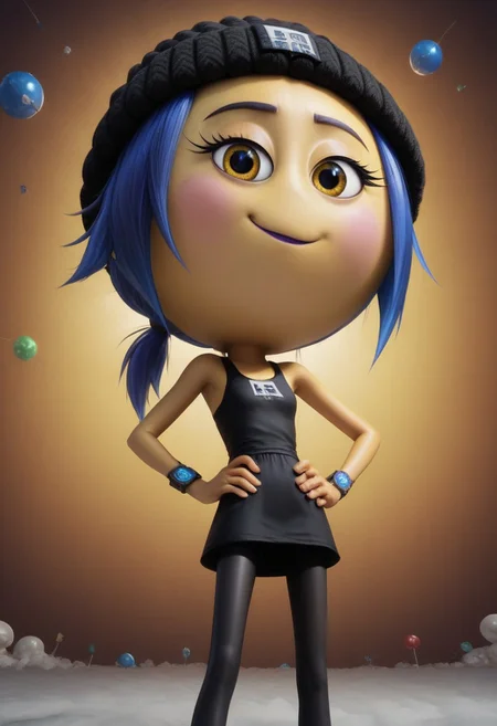 jailbreak, 1girl, yellow emoji, blue hair, ponytail, yellow sunshine eyes, pink cheeks, purple lipstick, round head, big head, chibi, no neck, black beanie with a skeleton on it, black code breaker watch with blue light, short black dress, black skinny tights, score_8_up, score_7_up, BREAK, 1girl, solo, looking at viewer, cute, smug, from below, hands on hips, head tilt, female focus, looking at viewer, candy background, detailed background, 4k, masterpiece, best quality, highly detailed, realistic, low-angle shot, realistic, 3d